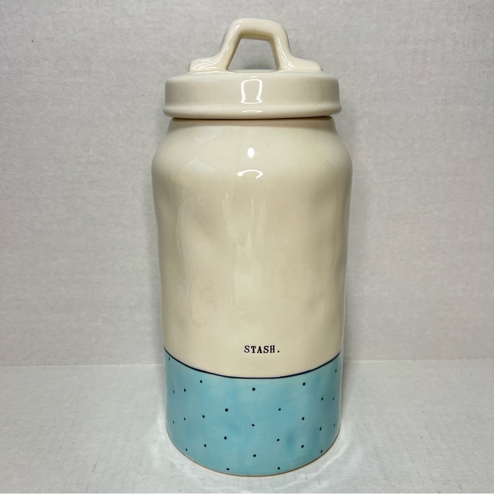 Rae Dunn STASH Canister with Blue Accent with Black Polkadots